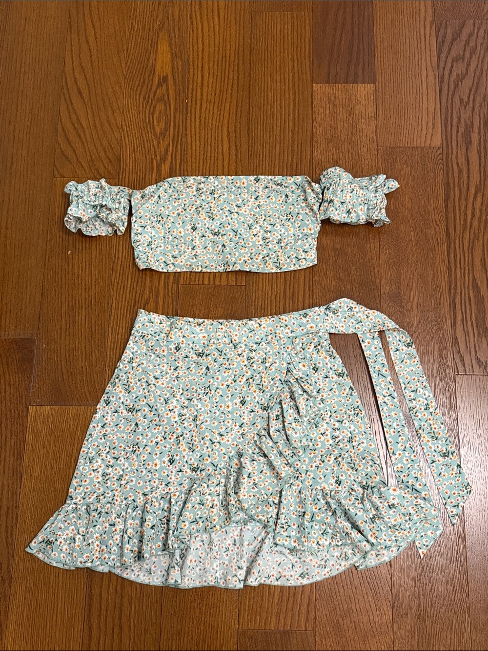SHEIN Mint Floral Off-Shoulder Crop Top & Wrap Skirt Set